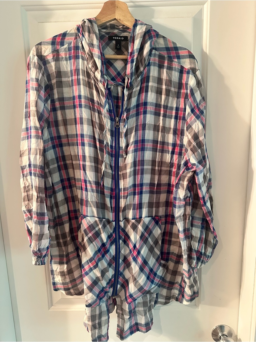 torrid Plaid Hooded Zip Shirt Jacket - Blue, Pink & Gray
